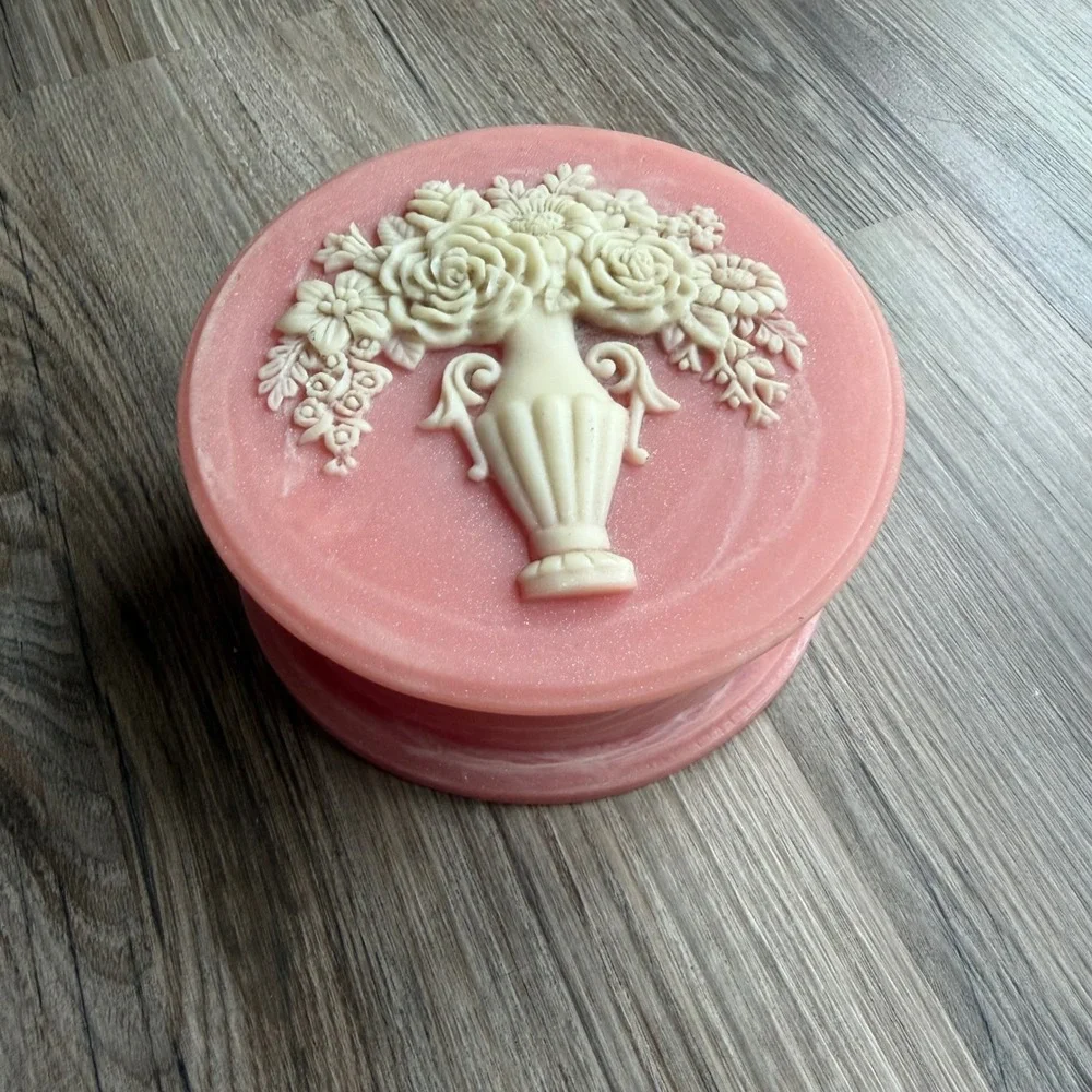 Vintage Pink Marbled Floral Cameo Inlay Trinket Box Round Jewelry Keepsake Case